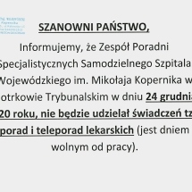 24 grudnia Poradnie Specjalistyczne NIECZYNNE